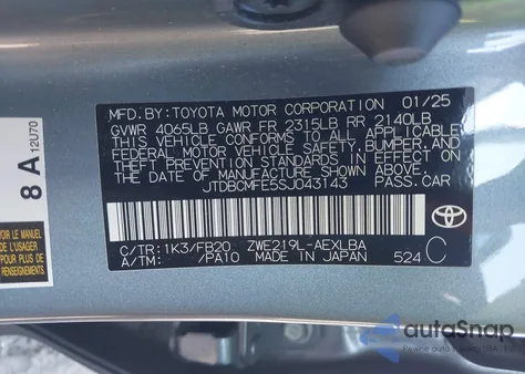 2025 Toyota Corolla Hybrid Le z USA, uszkodzony, nr VIN JTDBCMFE5SJ043143